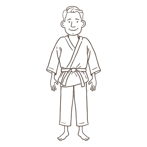 Vektorový Kreslený Obrys Znak Mladý Muž Karate Kimono — Stockový vektor