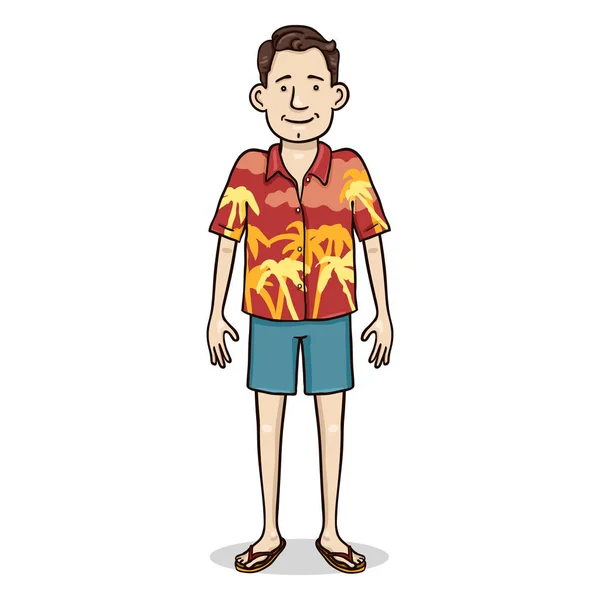 Vector Cartoon Color Character Young Man Colorful Hawaiian Shirt Blue — Stock Vector