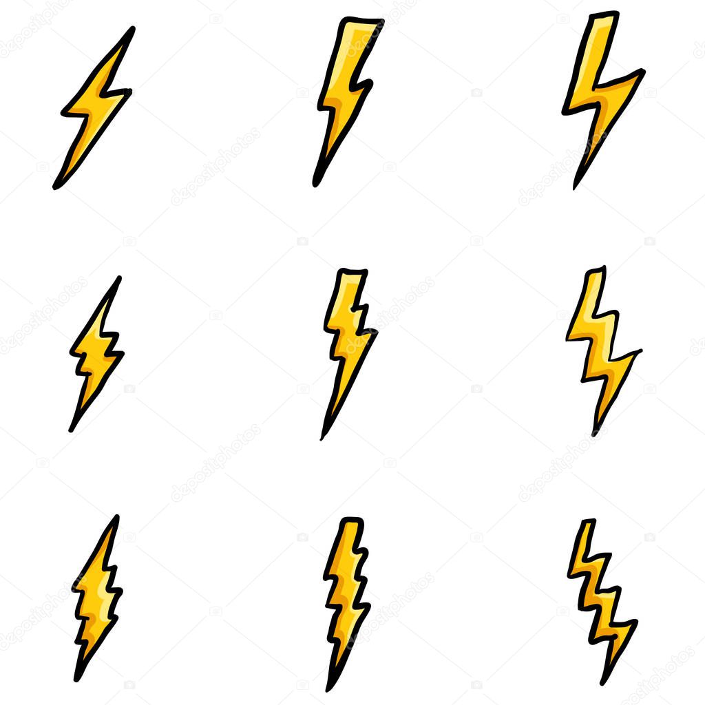 Vector Set of Cartoon Color Doodle Thunder Lighting Icons