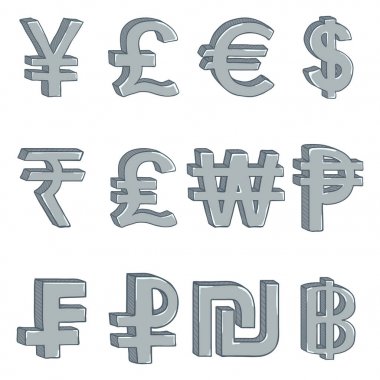 Vector Set of Cartoon Silver Currency Symbols clipart