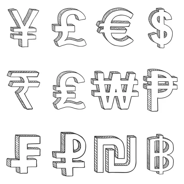 Vector Set Sketch Modern Currency Symbols — Stock Vector