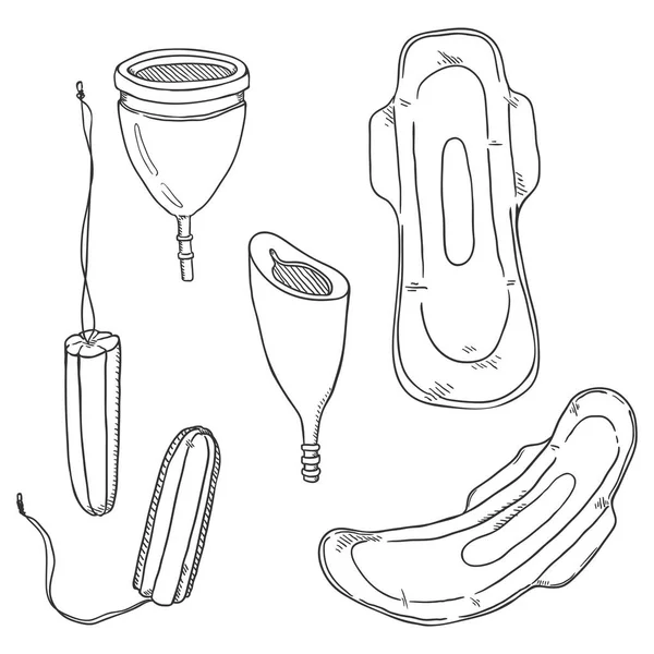 Vector Sketch Set Women Intimate Hygiene Items Тампони Менструальні Кубки — стоковий вектор