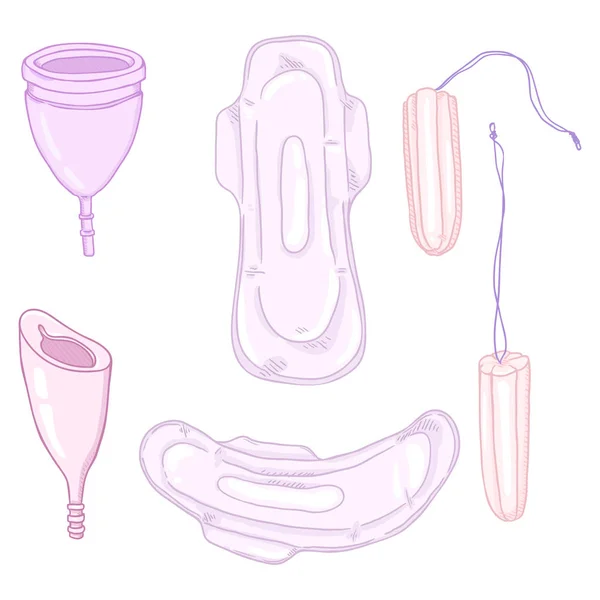 Vector Cartoon Sor Női Intim Higiéniai Termékek Tamponok Menstruációs Kupa — Stock Vector