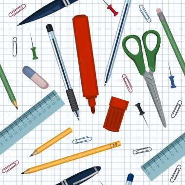 Damalı Kağıt Arka Planda Düz Okul Kırtasiye Eşyalarının Vektör Dikişsiz Deseni