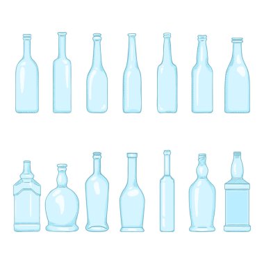 Karikatür Boş Mavi Cam Şişe Ler Çizimler Vektör Seti