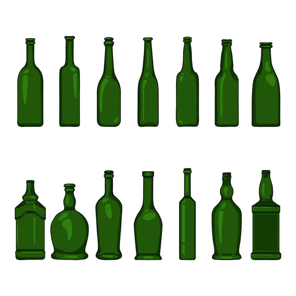 Ensemble vectoriel de bouteilles en verre vert vides de bande dessinée Illustrations — Image vectorielle