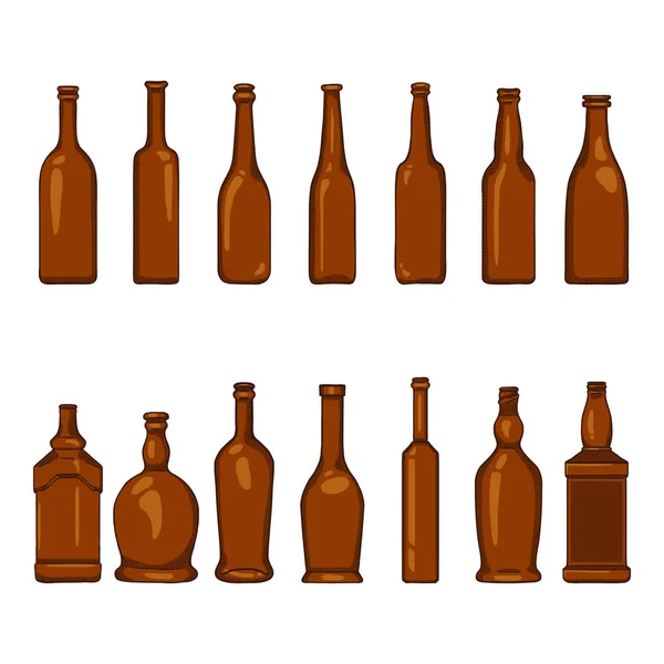 Vector Set of Cartoon Empty Brown Glass Bottles Illustrations — Stock Vector
