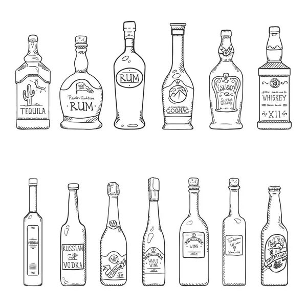 Set de Vectores de Boceto Bebidas Alcohol Botellas — Vector de stock