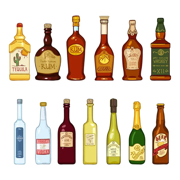 Vector set van Cartoon alcohol dranken glazen flessen illustraties — Stockvector