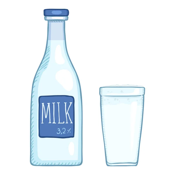 Ilustración de dibujos animados vectoriales - Botella de leche y vidrio — Archivo Imágenes Vectoriales