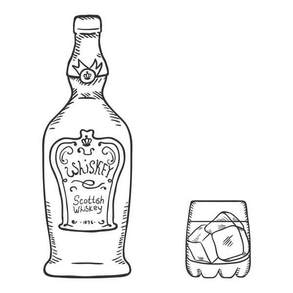 Ilustração de esboço vetorial - Garrafa de uísque e vidro — Vetor de Stock