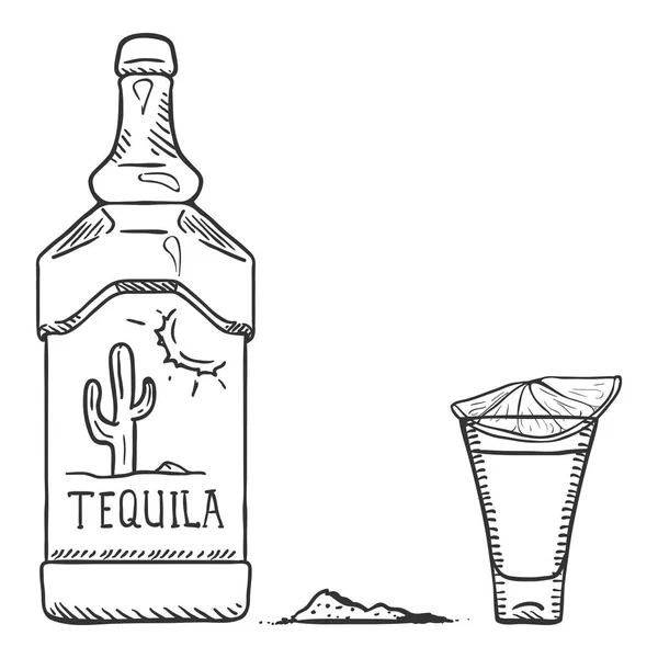 Ilustración del bosquejo vectorial - Botella de tequila y disparo con rebanada de sal y cal — Archivo Imágenes Vectoriales