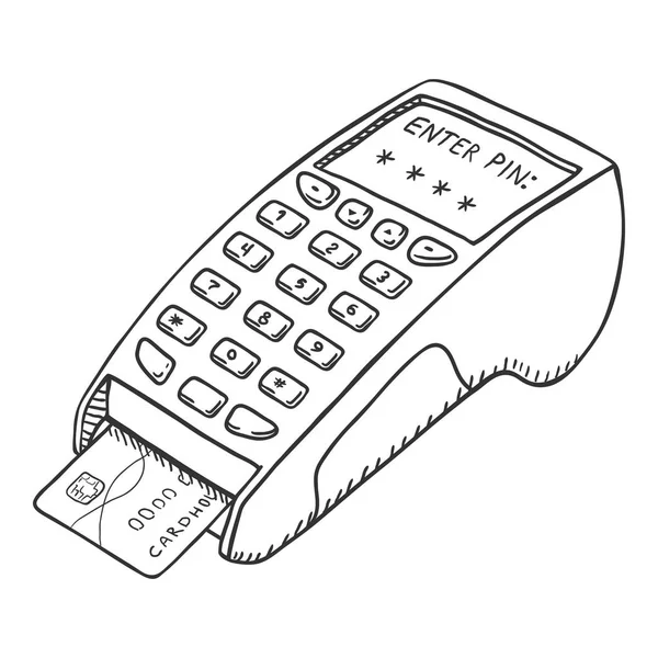 Terminal de paiement vectoriel à croquis unique avec carte de crédit à l'intérieur . — Image vectorielle