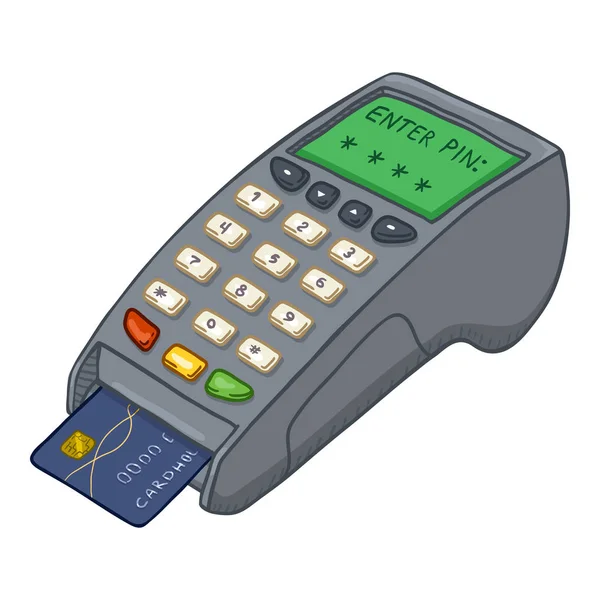 Terminal de pago de dibujos animados vectorial con tarjeta de crédito dentro de él . — Vector de stock
