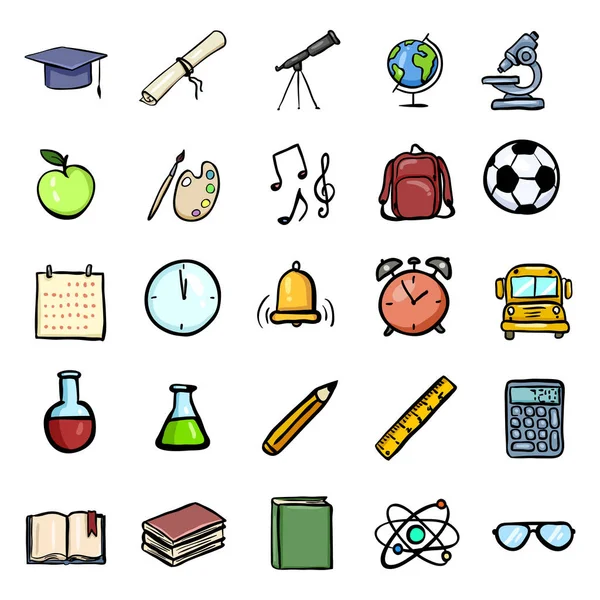 Vector kleur cartoon doodle onderwijs icons set. Universiteit en school onderwerp iconen. — Stockvector