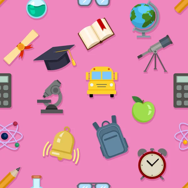 Modello vettoriale senza soluzione di continuità di icone di colore della scuola su sfondo rosa — Vettoriale Stock