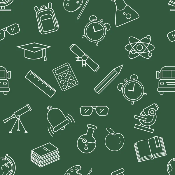 Vektorové bezešvé vzory s bílými ikonami ve školách na tmavě zeleném pozadí — Stockový vektor