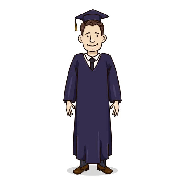 Vector Cartoon Character - White Young Man in Graduation Gown and Hat — Stock Vector