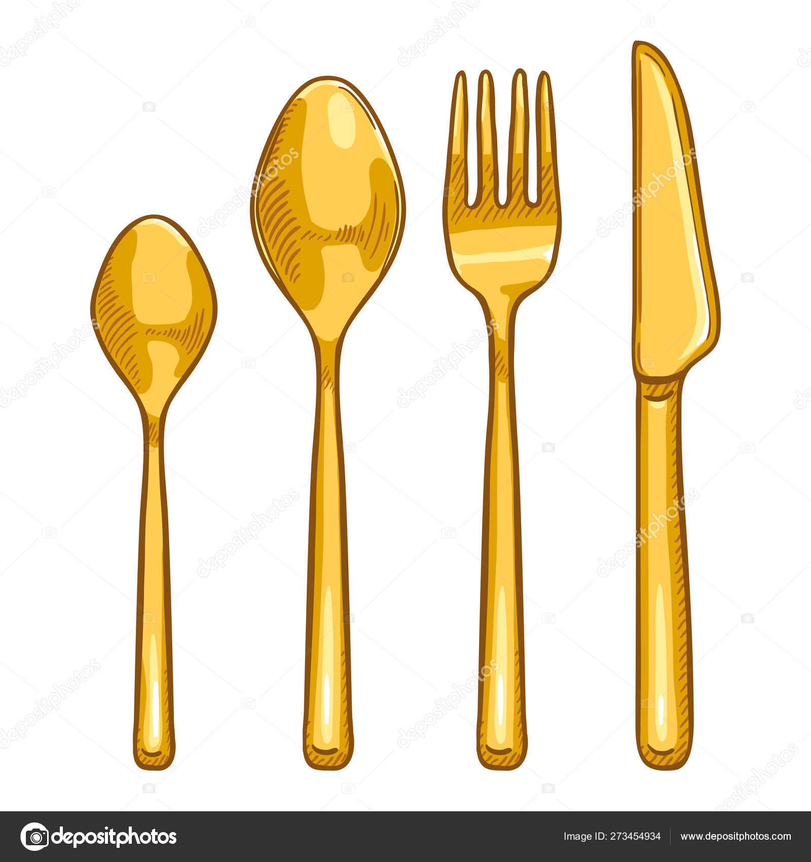 황금 칼의 벡터 만화 색상 세트입니다. 칼, 포크, 숟가락, 차 숟가락 스톡 벡터 - ©nikiteev 273454934, image size:1600x1700