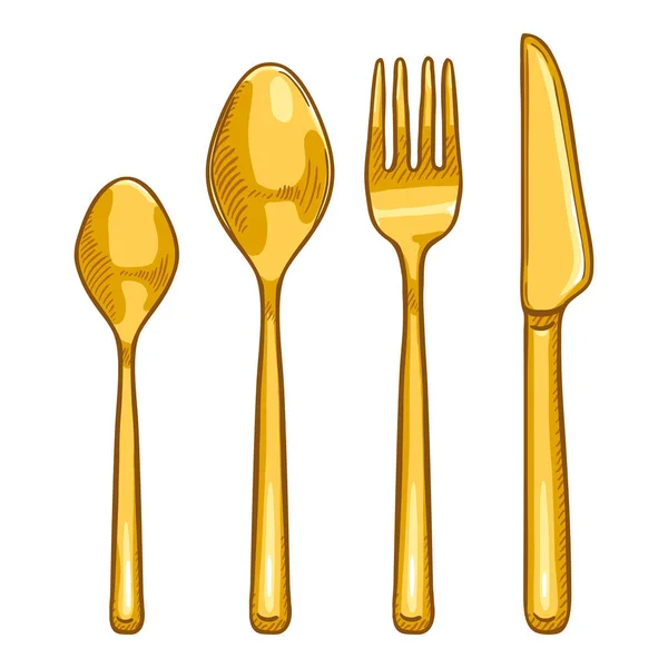 Διανυσματικά κινούμενα σχέδια χρώματος σετ από χρυσά μαχαιροπίρουνα. Μαχαίρι, πιρούνι, κουτάλι, τσάι-κουτάλι — Διανυσματικό Αρχείο