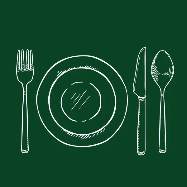 Set de comedor Vector Chalk Sketch - Tenedor, cuchillo, cuchara y placas . — Archivo Imágenes Vectoriales