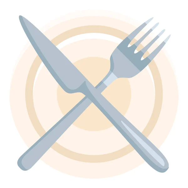 Vector Flat Icon - Crossed Fork and Knife above the Plate - Stok Vektor