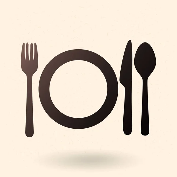Icona sagoma nera vettoriale - forchetta, coltello, cucchiaio e piastre . — Vettoriale Stock