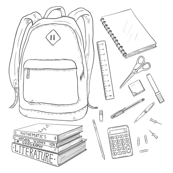 Conjunto de vectores de mochila Sketch y suministros escolares — Vector de stock