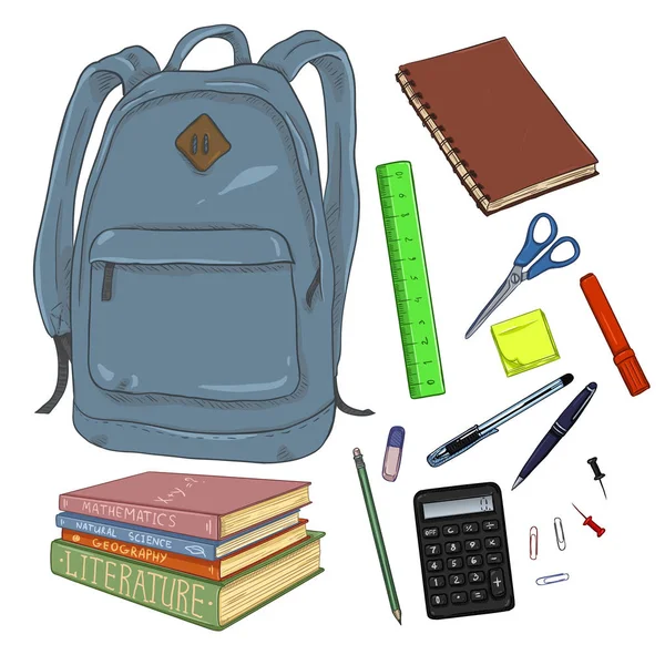 Conjunto de vetores de mochila dos desenhos animados e material escolar — Vetor de Stock