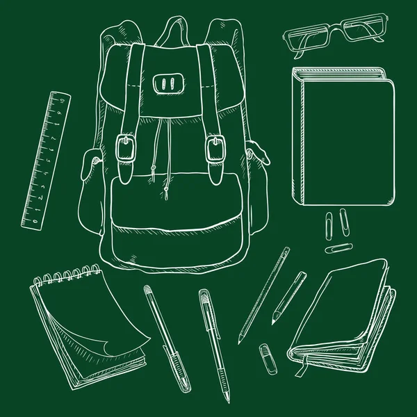Conjunto de vectores de tiza Sketch mochila y suministros escolares — Vector de stock