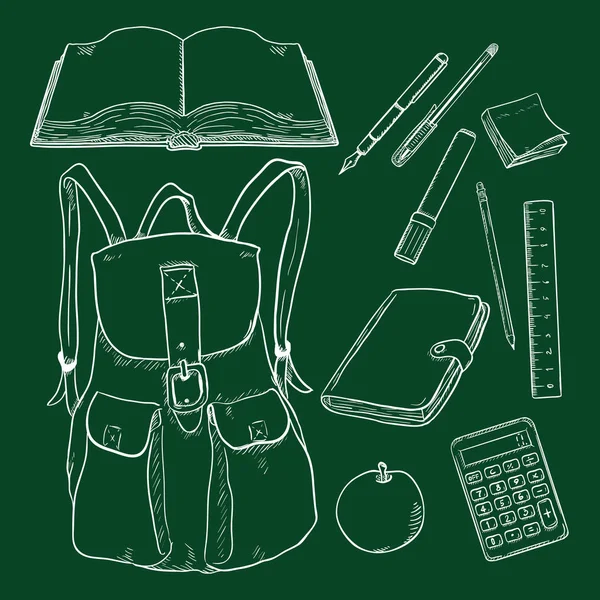 Conjunto de vectores de tiza Sketch mochila y suministros escolares — Vector de stock