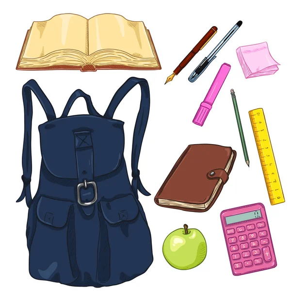 Conjunto de vectores de mochila de dibujos animados y suministros escolares — Vector de stock