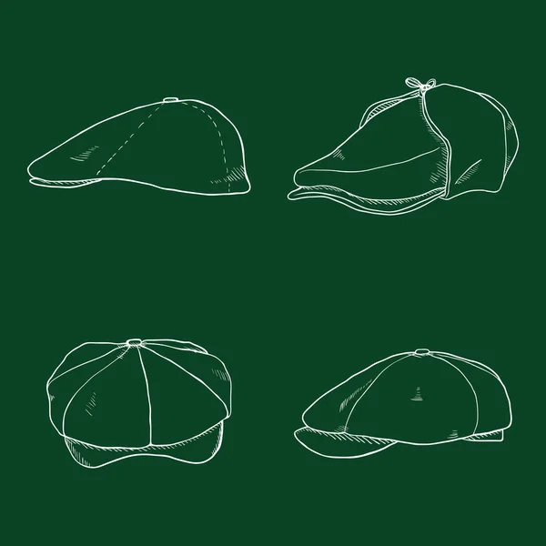 Векторний набір крейдяного ескізу Ретро Твідових кепок. старомодний стиль . — стоковий вектор