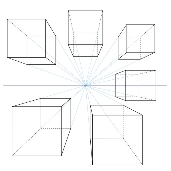 Dibujos de línea de perspectiva de un punto. Conjunto vectorial de cubos y paralelepípedos — Archivo Imágenes Vectoriales