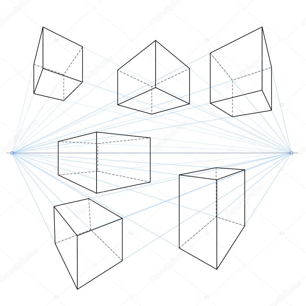 Two Point Perspective Line Drawings. Vector Set of Cubes and Parallelepipeds.