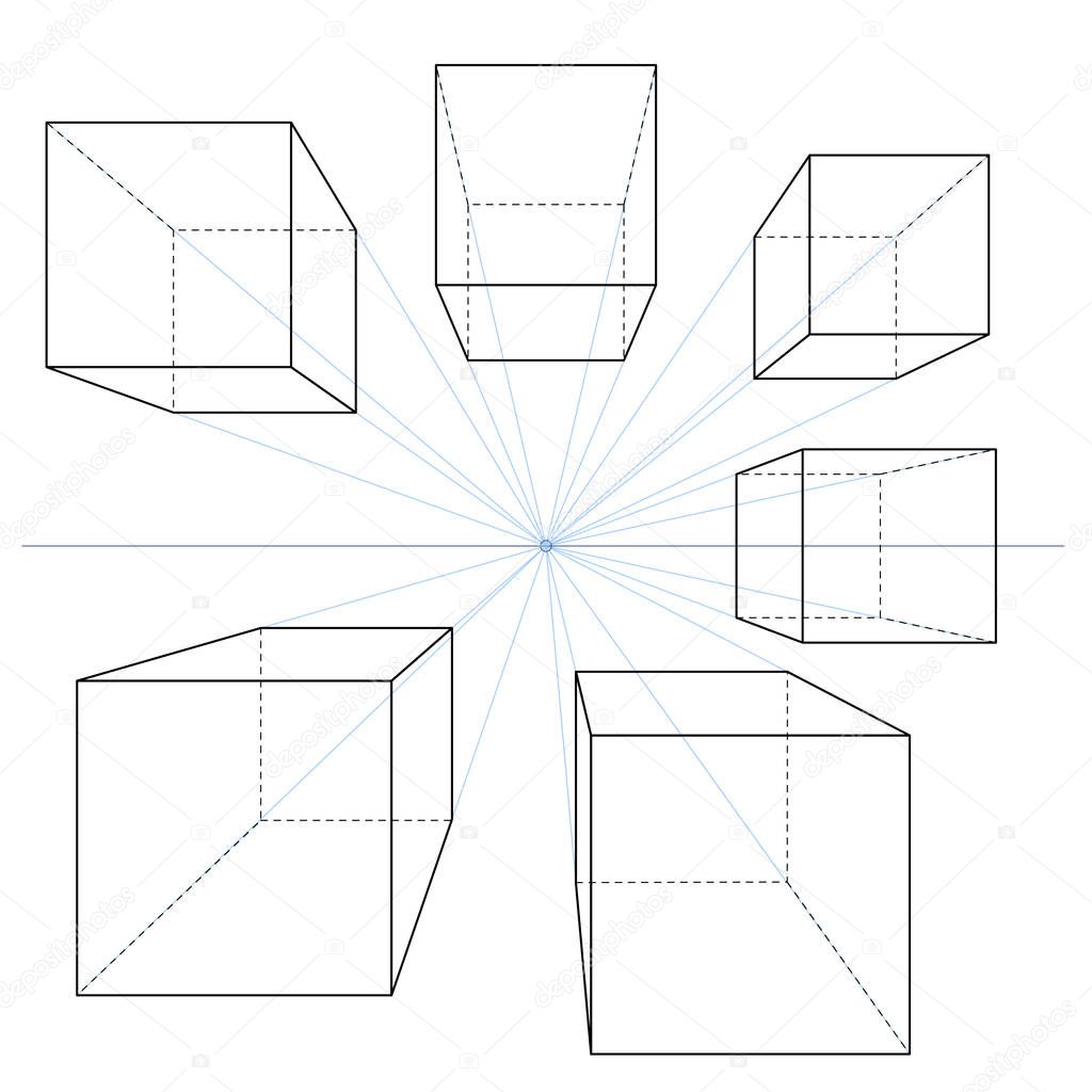 One Point Perspective Line Drawings. Vector Set of Cubes and Parallelepipeds