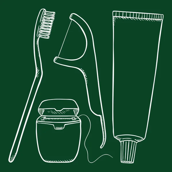 Set vettoriale di oggetti per spazzolare i denti con schizzo di gesso. Spazzolino da denti, Lucentezza dentale, Dentifrice . — Vettoriale Stock