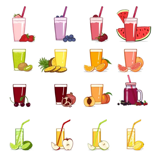 Conjunto vetorial de óculos de desenhos animados com suco de frutas e bagas — Vetor de Stock