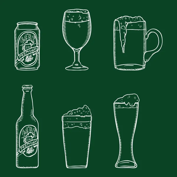 Vector Chalk Sketch Set of Beer Glasses, Bottle and Can. Outline Illustrations for Bar Menu. — Stock Vector