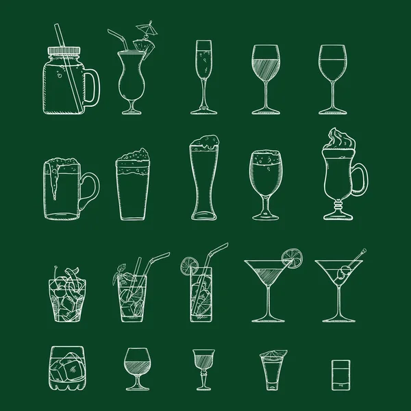 Vector Chalk Sketch Set of Alcohol and Soft Drinks, Liquors, Cocktails. — Stock Vector