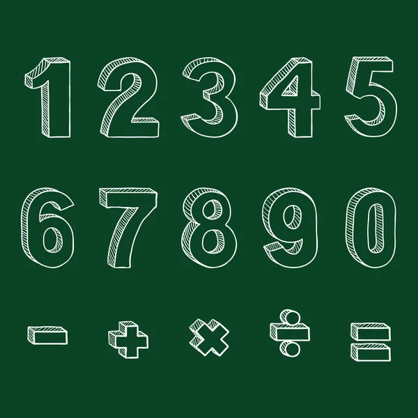 Vektor-Set von Doodle-Skizzenfiguren und mathematischen Zeichen. Kreide handgezeichnete arabische Figuren von eins bis neun. — Stockvektor