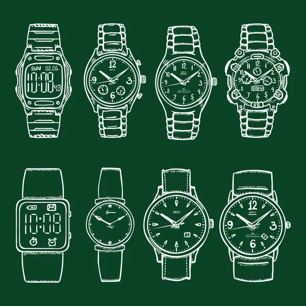 Conjunto de vetores de relógios de pulso Giz Sketch — Vetor de Stock
