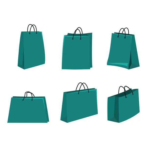 Conjunto vectorial de bolsas de compras planas verdes sobre fondo blanco — Vector de stock