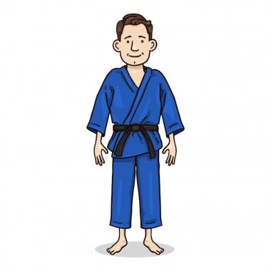 Mavi Kimono'daki Vektör Genç Adam. Karikatür Judoka Karakter