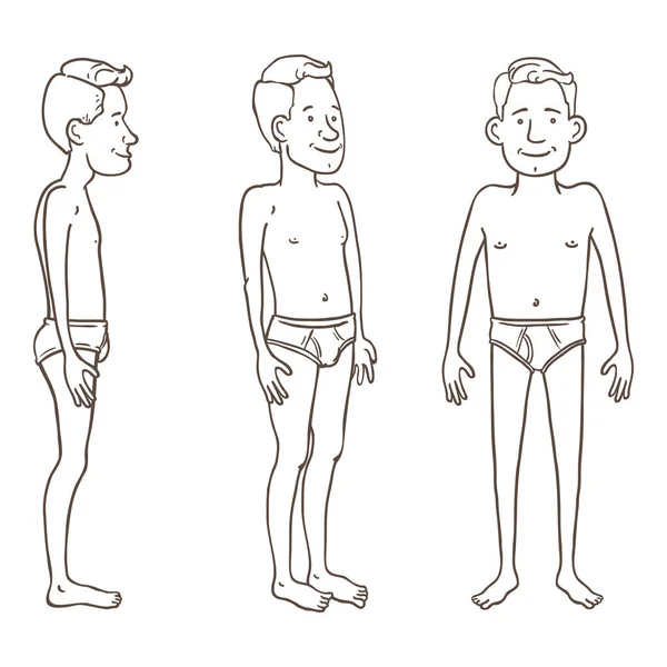 Personagem Vector Outline - Homem de cuecas brancas. Conjunto de diferentes foreshortening . — Vetor de Stock