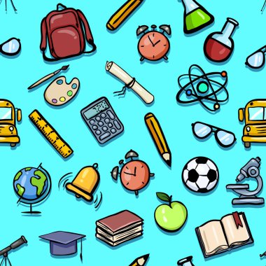 Turkuaz Arka Plan Üzerinde Karikatür Okulu Renk Simgeleri Vektör Dikişsiz Desen