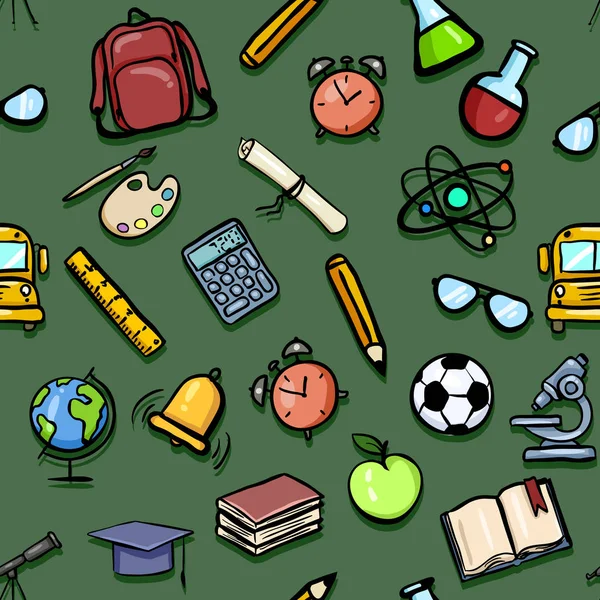 Vector naadloze patroon van Cartoon school kleur iconen op groene achtergrond — Stockvector