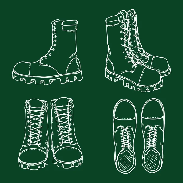 Conjunto de vetores de ilustração de esboço de giz botas de exército de couro alto — Vetor de Stock