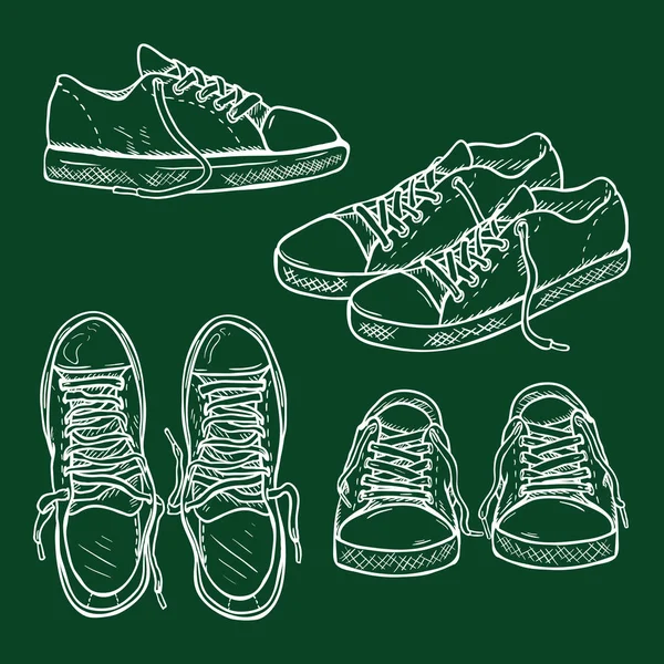 Vector conjunto de tiza Sketch Gumshoes. Vistas lateral, superior y frontal — Archivo Imágenes Vectoriales