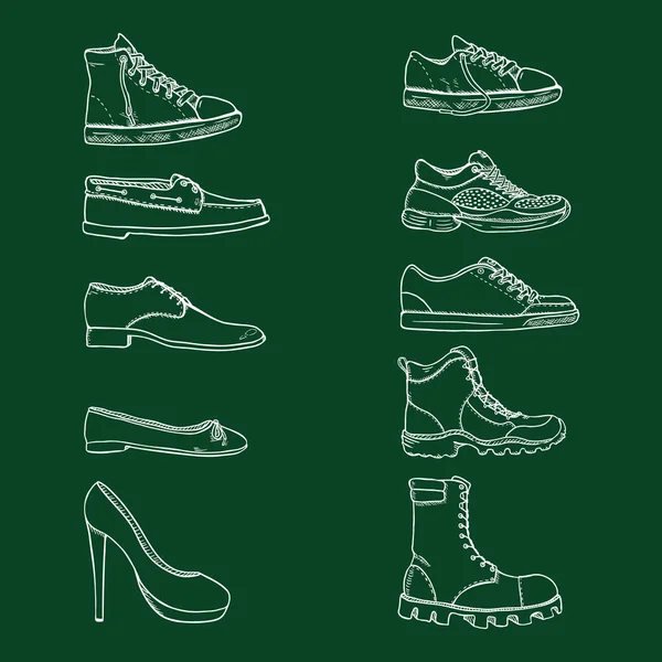 Vector Set of Chalk Sketch Shoes Items — Stock Vector